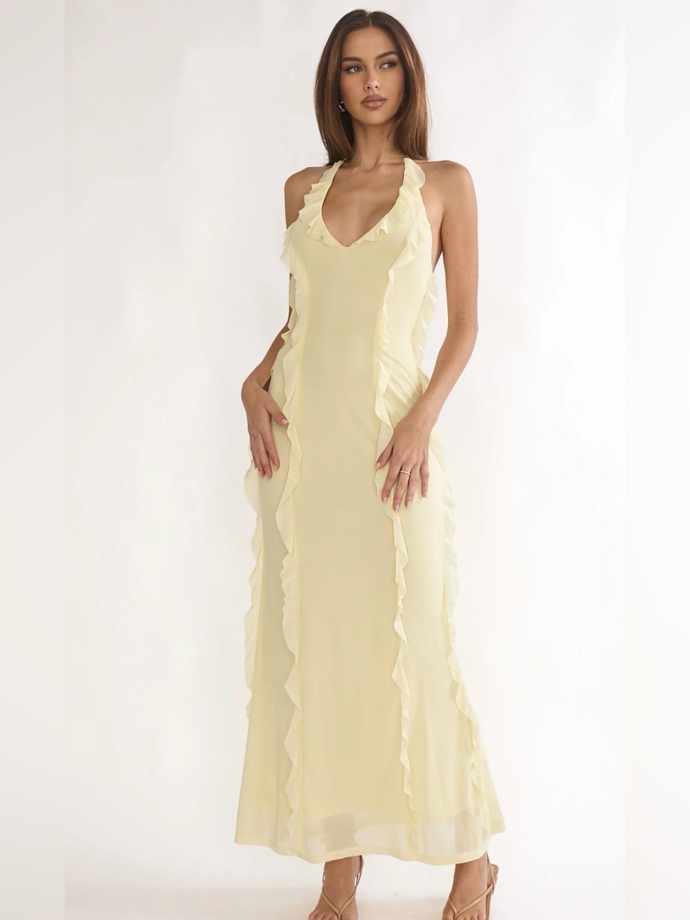 Selfie Leslie Pale Yellow Ruffle-Halter Maxi Dress